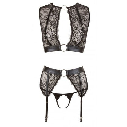 SET INTIMO IN PIZZO DONNA FETISH CON MANETTE REGGICALZE PERIZOMA APERTO E TOP NERO